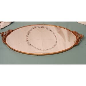 MCM Oval Mirrored Vanity Dresser Tray 10.5x20 inch Goldtone Floral handles EUC
